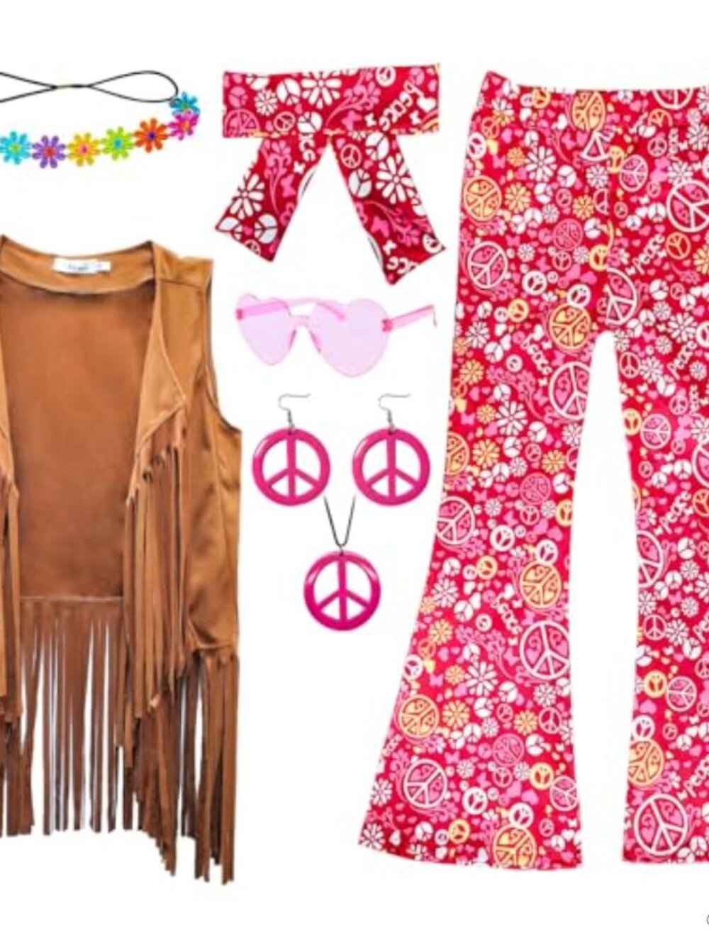 Girls 60s 70s Hippie Costume Set Fringe Vest Bell Bottoms 8 Pcs